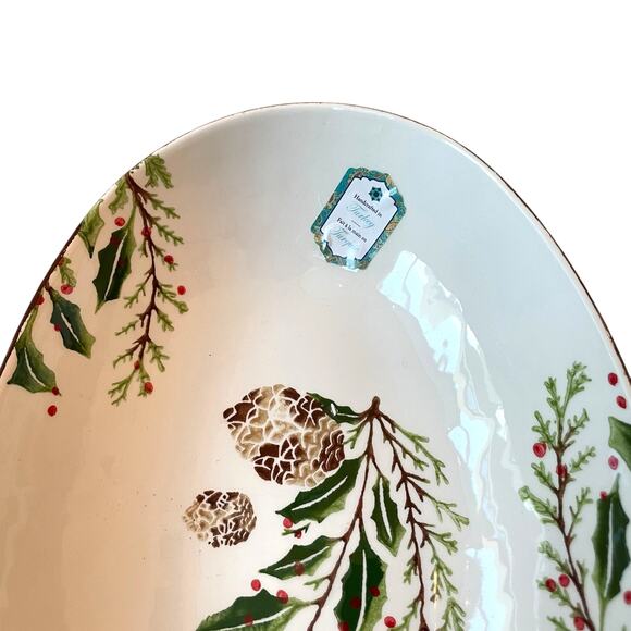 Papart Handpainted Turkish Serving Bowl 14x9 Ceramic Holiday Pinecone Holly NEW - Picture 7 of 15